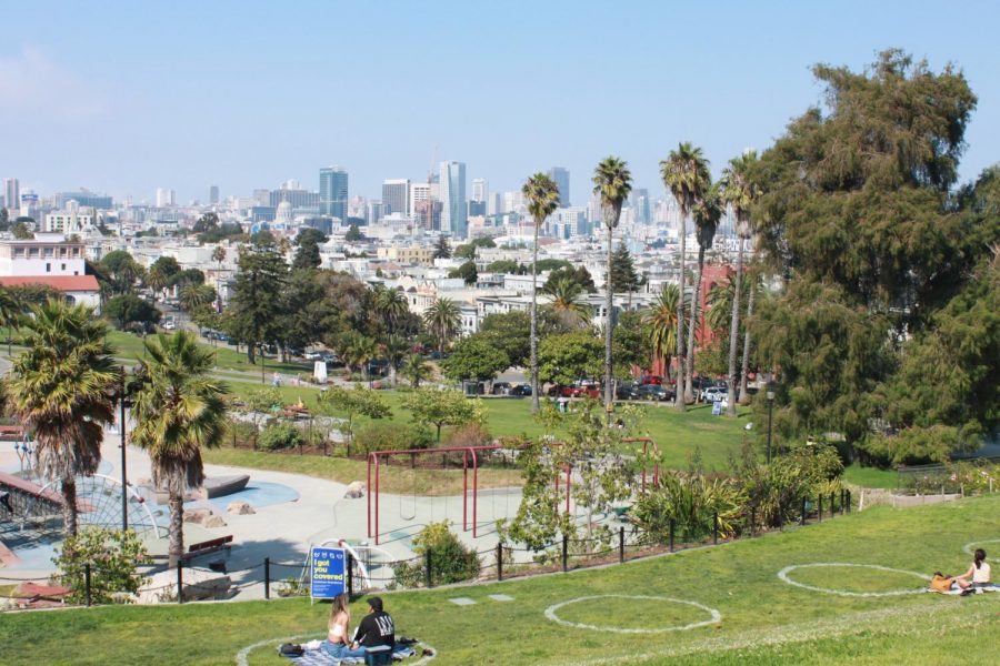 Dolores Park in San Francisco has social distancing circles on the grass, perfect for a fun and safe activity!