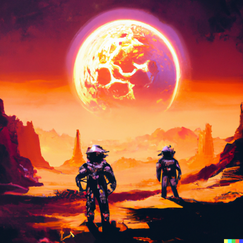 Image generated by DALL-E 2, with the prompt: oil painting of astronaut crash landing on alien hive planet with two suns, synthwave.