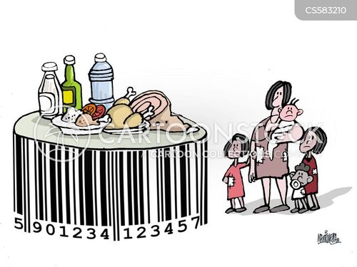 Family Looking At Barcoded Table Of Unaffordable Food by Alfredo Martirena